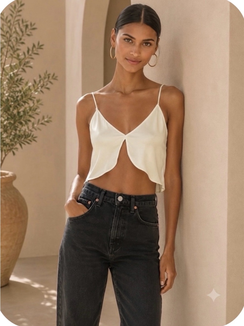 Avila by DN x Cami Rae Tank Top Ivory Silk Crop XS Quiet Luxury
